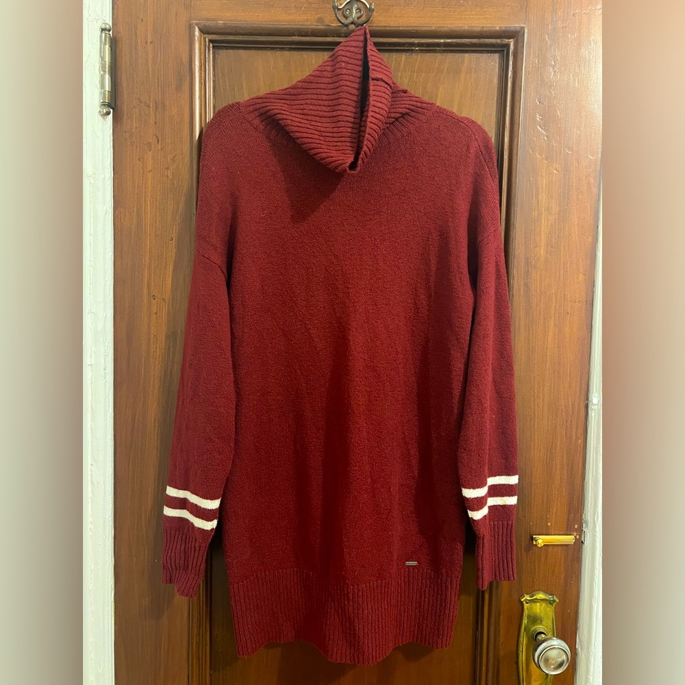 Cozy maroon turtleneck sweater dress